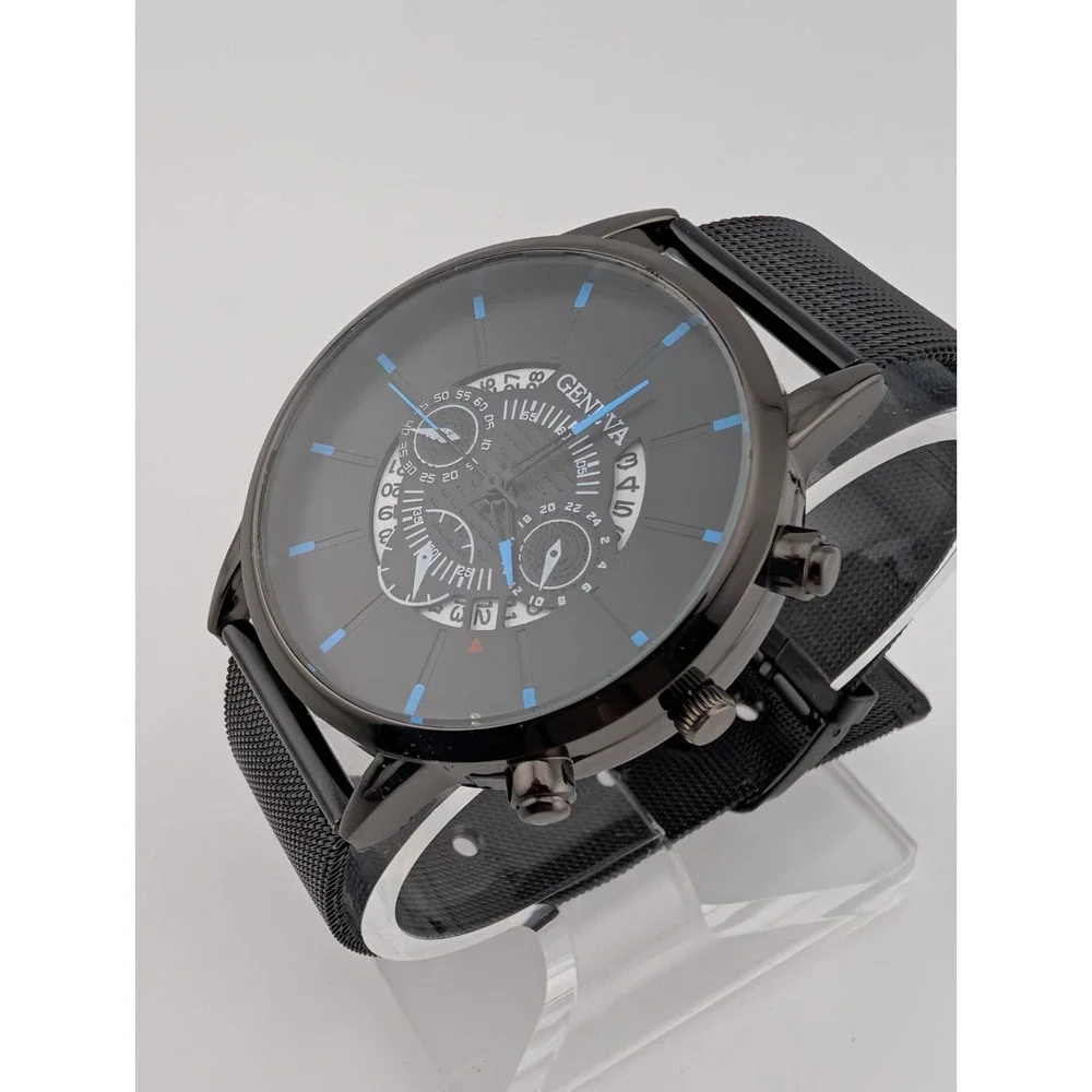 Geneva‎ Watch Men 42mm Black Case Mesh Metal Band- New Battery